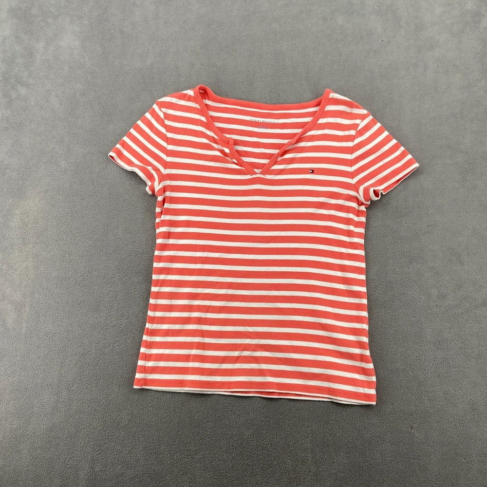 Tommy Hilfiger T Shirt Womens Medium Red White Striped Logo Split Neck Cotton - Picture 1 of 6